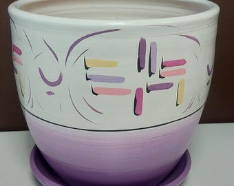 Hand-Painted Ceramic Flower Pot, Purple Base, Colorful Floral Design