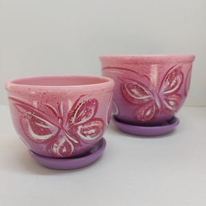 Ceramics Flower Pot 1Pc. Pink-Purple Hand-Painted Butterfly Colorful Pottery Home Decor Indoor Planter Girl Gifts for Her Kids Room Decor