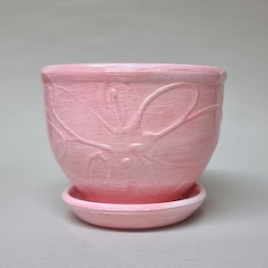 Puede incluir: Una maceta de cerámica rosa con un diseño floral. La maceta tiene un platillo a juego.