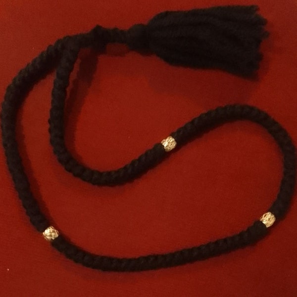 Black Wool 100 Knot Prayer Rope with Golden Metal, Handmade on Mt Athos