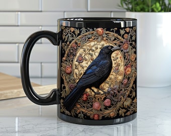 Mystical Raven Ceramic Mug Stylized Ornate Embroidery Bird With Floral Victorian Aesthetic