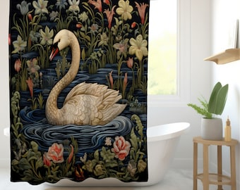 William Morris inspired Swan Shower Curtain. Serene floral, stylized embroidered look. Perfect gift for a maximalist vintage Victorian look.