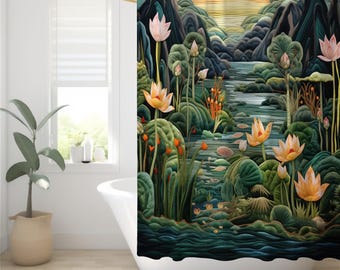 Water Lilies Shower Curtain with Stylized Quilting Inspired by William Morris Cool Shower Curtain Gorgeous Detail Fabric Bath Curtain