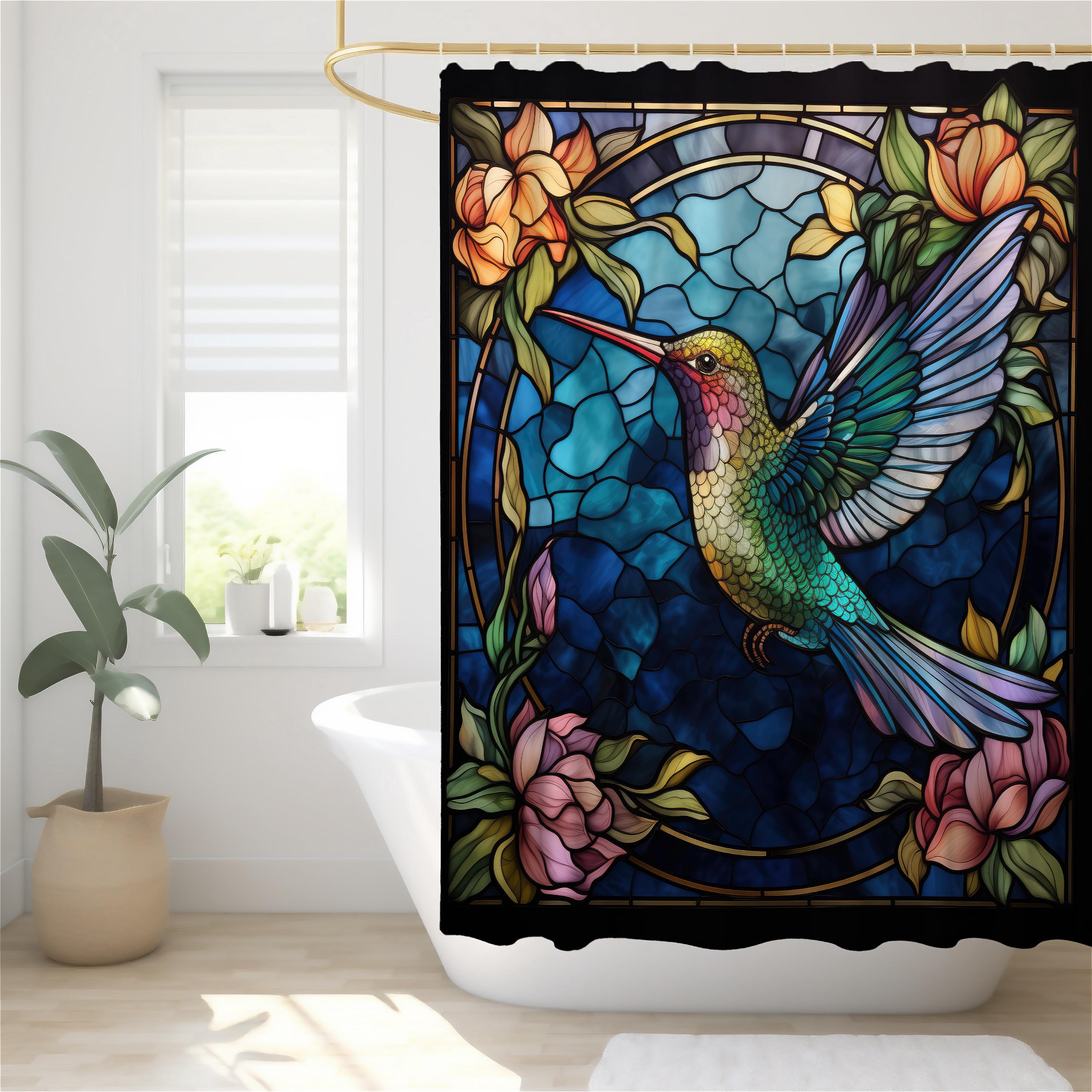 Hummingbird Shower Curtain - William Morris Stained Glass Style, Art Nouveau Floral Decor, Elegant Nature Bathroom