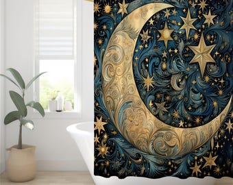 Swirling Moon Shower Curtain Folk Art Inspired, Blue Gold Witchy Decor