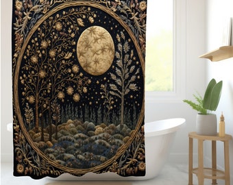 Luminous Victorian moon shower curtain. Stylized ornate embroidery inspired by William Morris. Perfect for maximalist aesthetic.