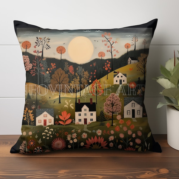 Rustic Valley Decor Pillow Maud Lewis Unique Pillow Covers Folk Art Landscape Couch Cushion or Unique One Of A Kind Gift For Folk Art Lover