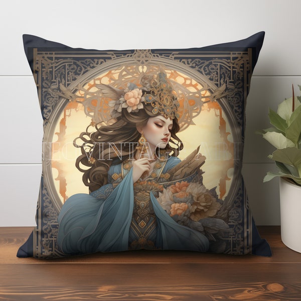 Art Nouveaux Asian Goddess Decor Pillow Alphonse Mucha Art Deco Throw Pillow Unique Design