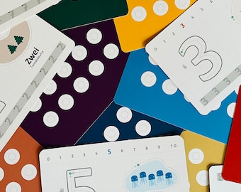 Rewritable number flashcards, hand-painted, Montessori-inspired, exercises for fine motor skills, including mini wooden sponges