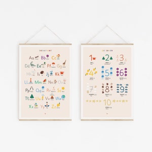 ABC-Poster mit Kleinbuchstaben für das Kinderzimmer, einzeln oder im Set mit Zahlen von 1 bis 10, Lernposter im Montessori-Farbkonzept