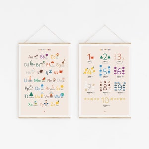 ABC poster with lowercase letters for the children's room, individually or in a set with numbers from 1 to 10, learning poster in the Montessori color concept