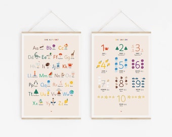 ABC-Poster mit Kleinbuchstaben für das Kinderzimmer, einzeln oder im Set mit Zahlen von 1 bis 10, Lernposter im Montessori-Farbkonzept