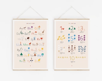 ABC posters with lowercase letters for the children's room, individually or in a set with numbers from 1 to 10, learning posters in the Montessori color concept