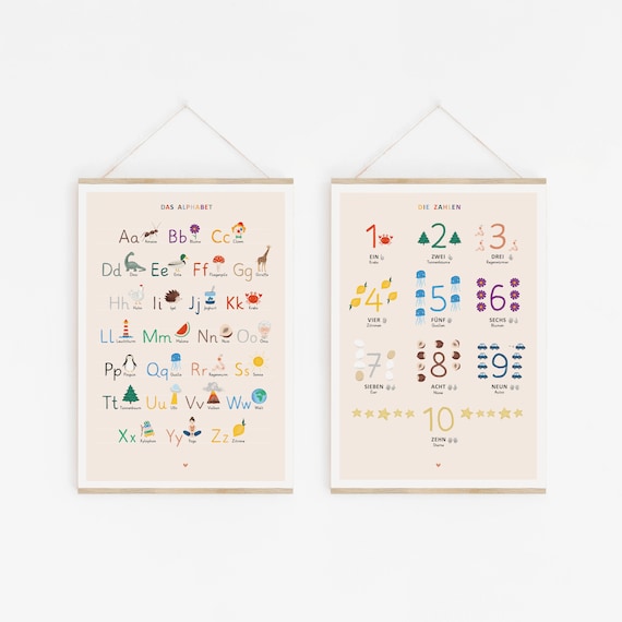 ABC-Poster mit Kleinbuchstaben für das Kinderzimmer, einzeln oder im Set mit Zahlen von 1 bis 10, Lernposter im Montessori-Farbkonzept