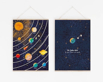 May include: Two framed prints depicting a solar system and a starry night scene. The solar system print features planets, a sun, and a rocket against a dark blue background. The second print shows Earth, an astronaut, and text in German.