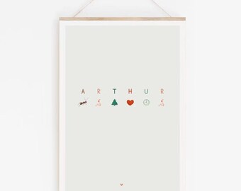 May include: A light gray wall hanging poster featuring the name ARTHUR in capital letters. Below each letter is a small icon: an ant, a small figure, a green pine tree, a red heart, a clock, and another small figure, all framed in wood.
