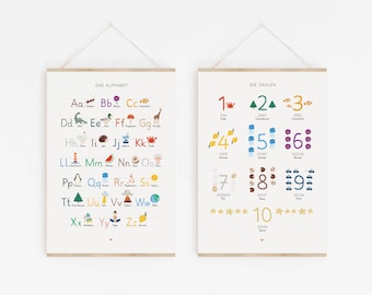 May include: Two educational posters with wooden hangers. One displays the alphabet with colorful illustrations, the other shows numbers 1-10 with corresponding images. The posters are designed for learning and are suitable for a child's room.