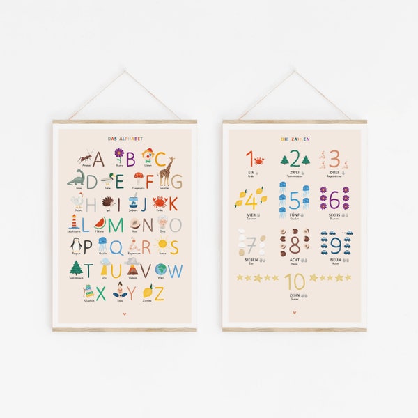 ABC-Poster & Zahlen-Poster in A2 für das Kinderzimmer, ABC, Alphabet, Buchstaben, Zahlen von 1 bis 10, Lernposter, Montessori-Farbkonzept