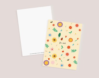 May include: Two postcards, one blank white and the other with a yellow background. The yellow postcard features a floral design with sunflowers, bees, and the text "für dich". The design includes red, orange, and purple flowers.
