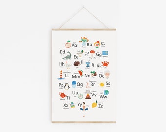 May include: A colorful alphabet chart with illustrations for each letter. The chart features an apple, dinosaur, duck, hedgehog, lighthouse, watermelon, penguin, teapot, and more.