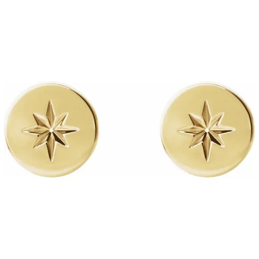 14k Solid Gold Star Disc Earrings Gold Star Studs Etsy