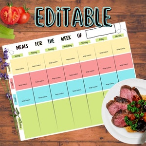 Può includere: Pianificatore di pasti stampabile modificabile con uno spazio vuoto per la settimana di. Il pianificatore ha colonne per domenica, lunedì, martedì, mercoledì, giovedì, venerdì e sabato. Ogni colonna ha spazio per colazione, pranzo e cena. Il pianificatore è su uno sfondo di legno.