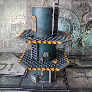 May include: A two-level, blue and yellow, futuristic, sci-fi, miniature building with a ladder and a grate floor.