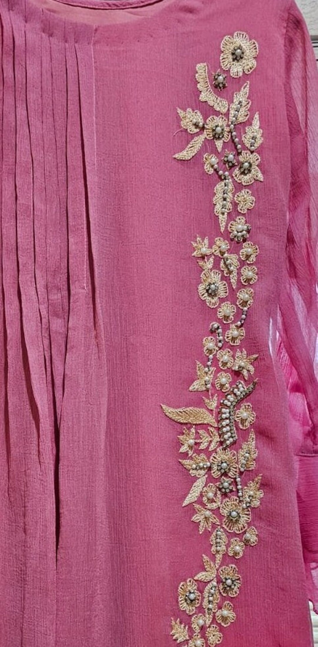 Pure Linen Embroidery Kurti - Pink main image 0
