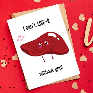 Tarjeta divertida del día de San Valentín del hígado, tarjeta inteligente para trabajadores médicos, tarjeta peculiar única para gastroenterólogo, enfermera, médico, campo gastrointestinal