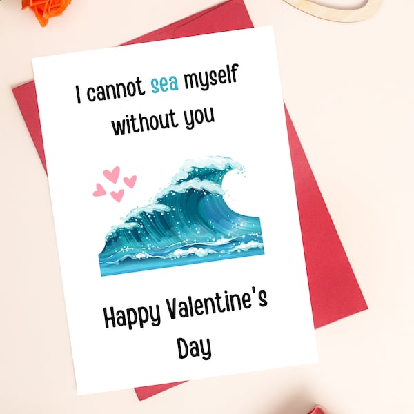 Funny Ocean Printable Valentine's Day Card, Digital Download Card for Beach Lovers, Unique Quirky Card for Husband, Wife, Couple, 5x7 PDF