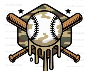 Camo Baseball PNG, Dripping Baseball Clipart, Military Camouflage Sports Design for Sublimation, Shirts, Tumblers, Military baseball Png