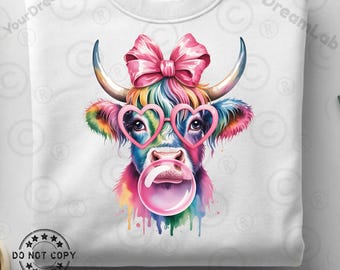Coquette Highland Cow Bubblegum PNG shirt Design, Holographic Png, Sublimation Designs for Shirts, Trending, Instant Digital Download