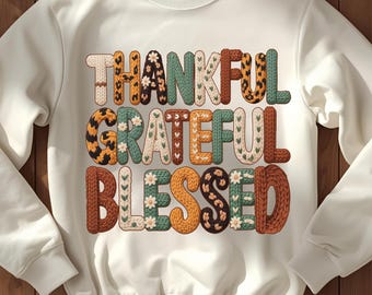 Grateful Thankful Blessed PNG, Thanksgiving PNG, fall png, Embroidered Leopard Print, fall shirt design Digital Download