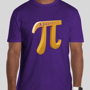 May include: Purple t-shirt with a gold 3D pi symbol and the numbers 3.14159265 in purple.