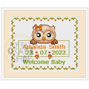 Birth Announcement Owl. Cross Stitch PDF. Instant Download. Counted Cross Stitch Chart. Modern Cross Stitch. Home Decor. Home Gifts.