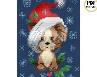 Christmas Puppy Cross Stitch Pattern: Modern Xmas Embroidery (PDF Download)