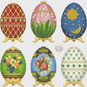 May include: Six colorful Easter eggs with intricate designs, each on a gold stand. The eggs feature patterns of flowers, stars, and geometric shapes.