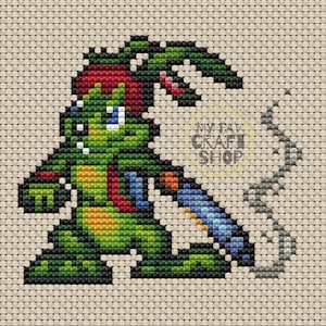 May include: Cross stitch pattern featuring a green, red, and blue character holding a sword. The character has a large head with a red mohawk and a blue eye. The background is a light beige.