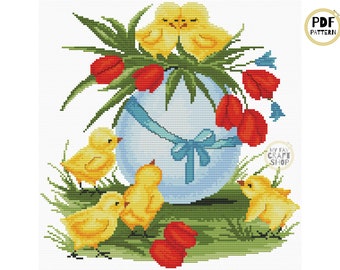 Easter Egg & Chicks Cross Stitch Pattern: Spring Needlepoint (PDF)