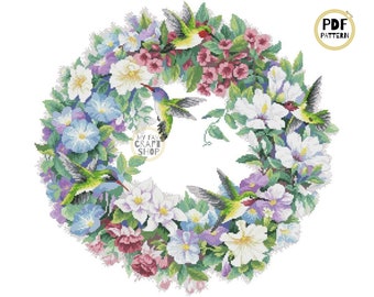 Hummingbird Wreath Cross Stitch Pattern: Floral Bird Chart (PDF)