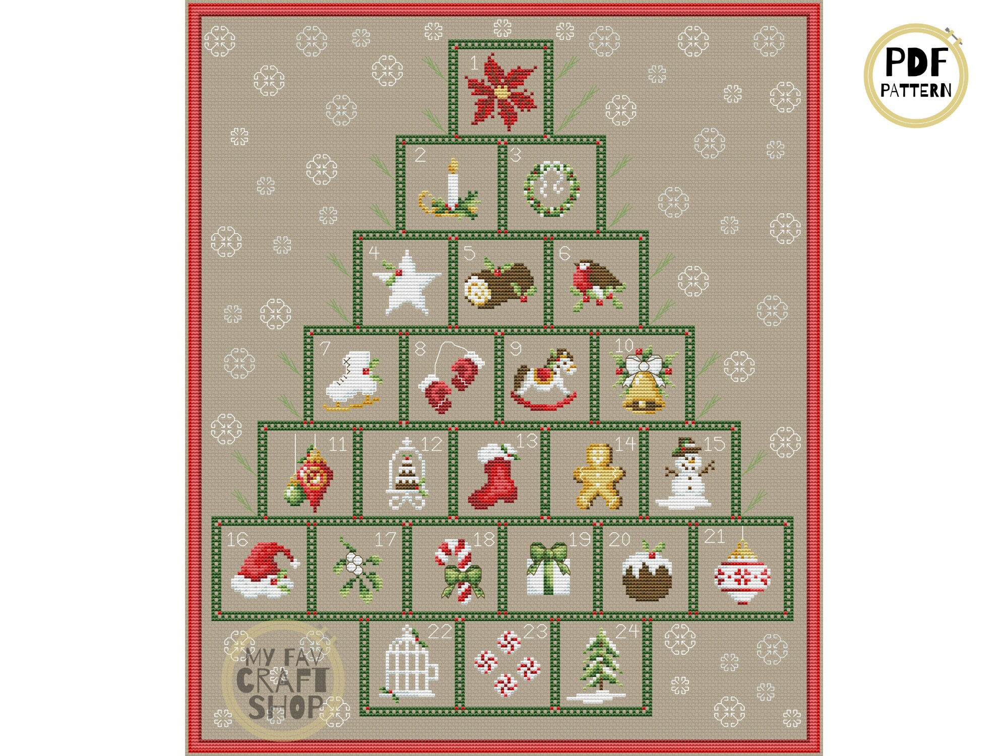 Christmas Advent Calendar Cross Stitch Pattern: Modern Embroidery (PDF Download)