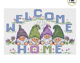 Welcome Home Gnomes Cross Stitch Pattern, Modern Needlepoint (PDF Pattern)