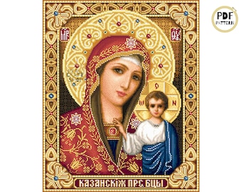 Vintage kruissteekpatroon heilige moeder en zoon: religieus icoon (pdf-patroon)