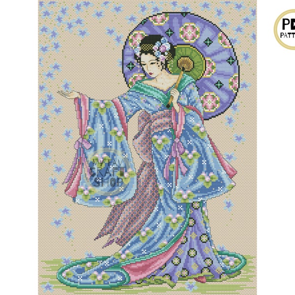 Geisha Maiden Cross Stitch PDF. Instant Download. Counted Cross Stitch Chart. Modern Cross Stitch. Kimono Embroidery. Japanese Needlepoint.