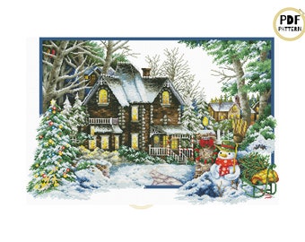 May include: A cross-stitch pattern featuring a snowy winter scene with a house, a snowman, and a Christmas tree. The house is brown with white trim and has lights in the windows. The snowman is wearing a red scarf and a green hat. The Christmas tree is decorated with red and white ornaments.