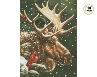 Moose and Cardinal Cross Stitch Pattern: Christmas Embroidery (PDF Download)