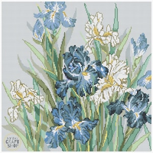 Iris kruissteek pdf. Direct downloaden. Getelde kruissteektabel. Modern borduurpatroon. Bloem kruissteek. Lentebloemenprint.