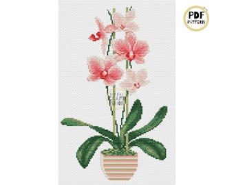 Pink Orchid Cross Stitch Chart: Modern Flower Design (PDF Pattern)