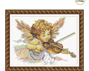 Angel Music Cross Stitch Pattern, Modern DIY Needlepoint (PDF Download)