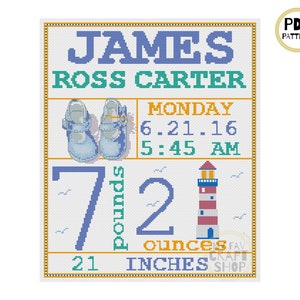 Birth Announcement Boy Cross Stitch PDF. Instant Download. Counted Cross Stitch Chart. Modern Cross Stitch. Wall Decor. Home Decor. Gift.